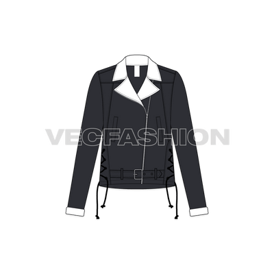 A vector illustrator template for Women's Denim Jacket. It is a dropped shoulder streetwear style jacket with heavy design details like, strings, panels, pockets etc. 