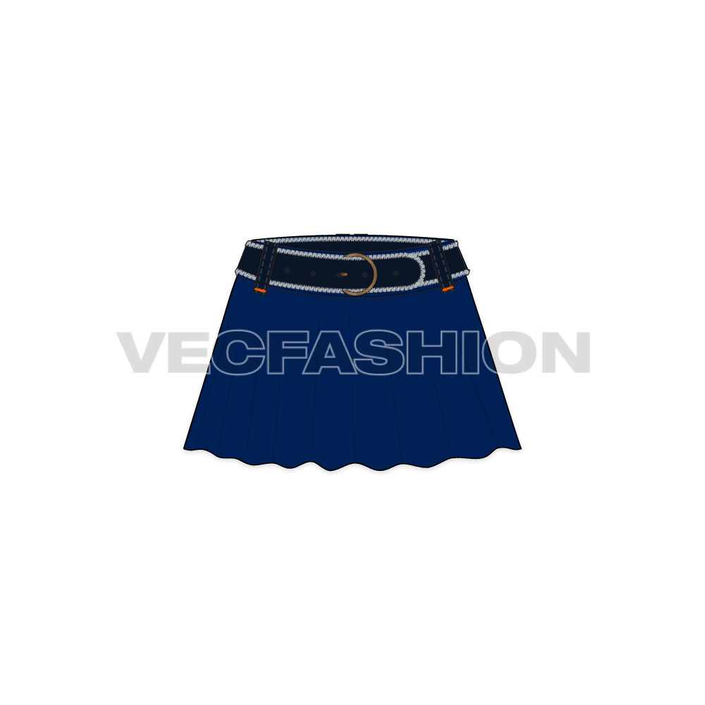 Womens denim skirt with flares flat sketch, front view