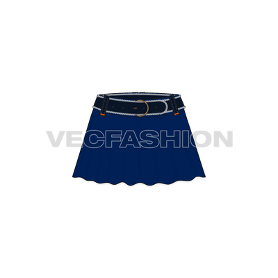 A detailed vector template of Women's Denim Skirt with Flares in Indigo Blue Denim Fabric Texture. This is fully editable template showing front and back view. It includes Denim Belt Vector Fashion Accessory with frayed edges.