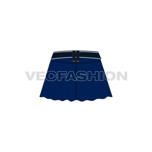 A detailed vector template of Women's Denim Skirt with Flares in Indigo Blue Denim Fabric Texture. This is fully editable template showing front and back view. It includes Denim Belt Vector Fashion Accessory with frayed edges.