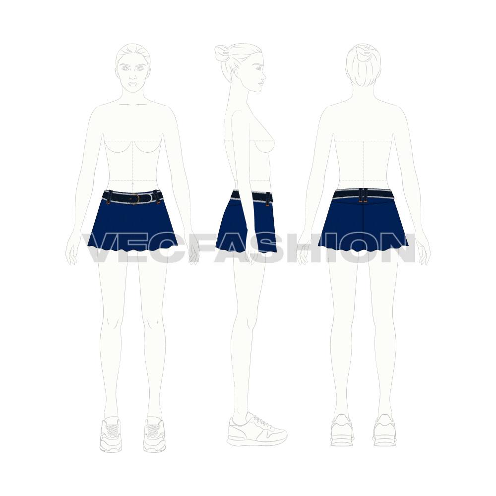 Womens denim skirt with flares flat sketch, croqui sketch