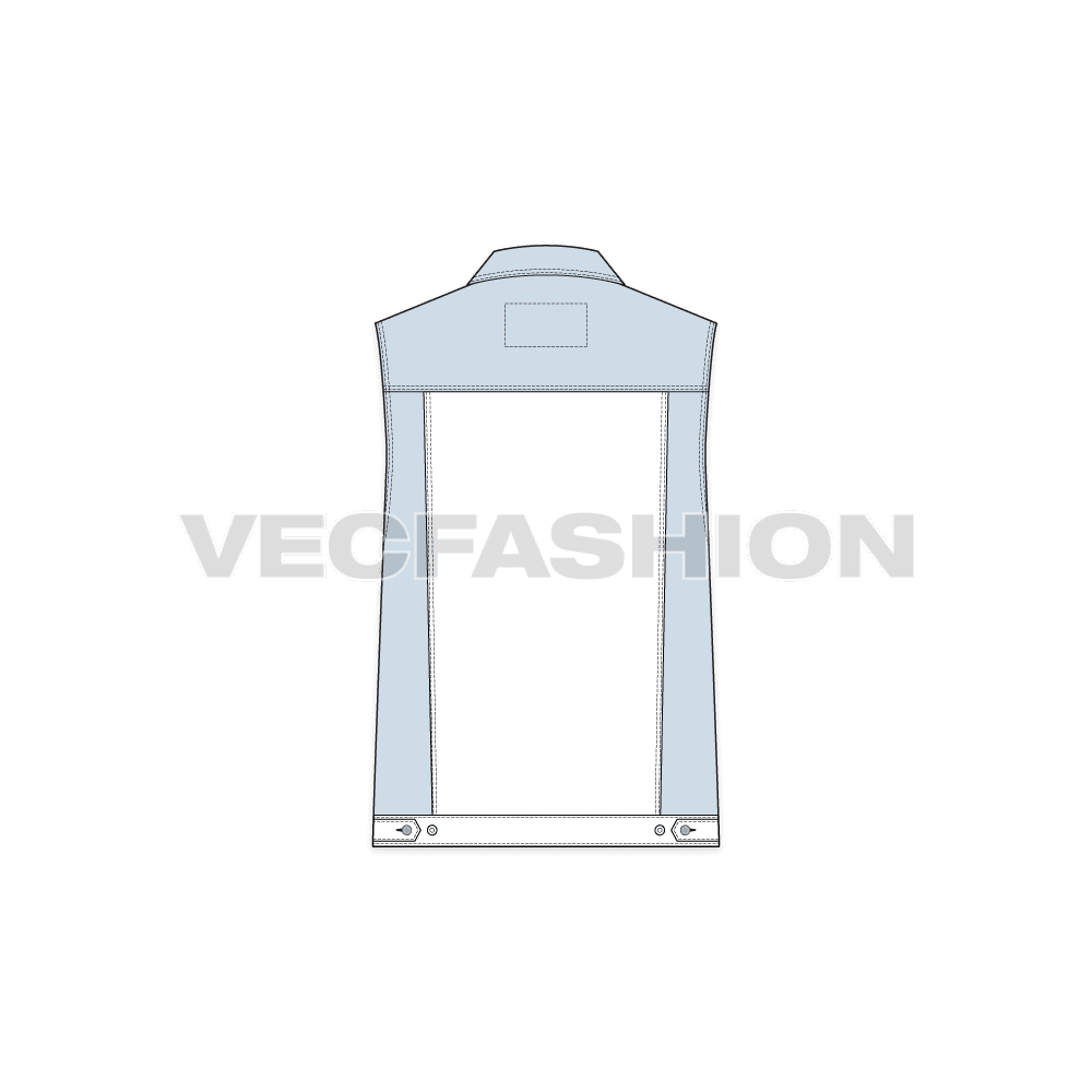 Womens denim streetwear vest flat sketch, back view