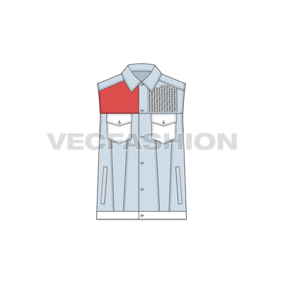 A vector template for Women's Denim Vest. It has a streetwear look with distress front yoke. The contrast red colored yoke and white denim giving it a very special effect. 