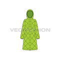 Women's Diagonal Panelled Puffer Coat flat sketch, front view