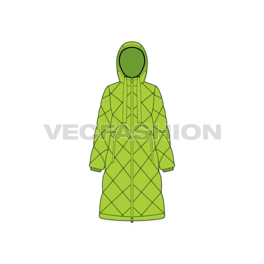 A vector template for Women's Diagonal Panelled Puffer Coat. It is square panels and stitched with insulation filling, called the quilting process. 