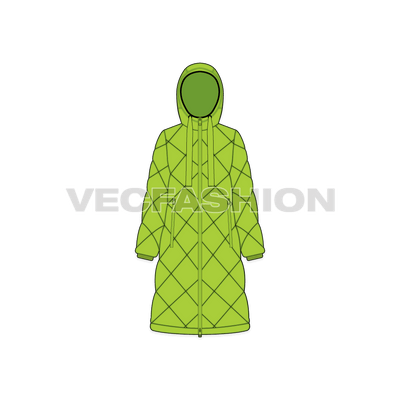 A vector template for Women's Diagonal Panelled Puffer Coat. It is square panels and stitched with insulation filling, called the quilting process. 