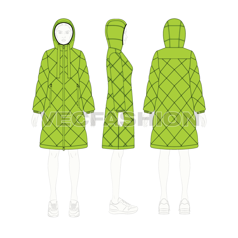 Women's Diagonal Panelled Puffer Coat flat sketch, croqui sketch