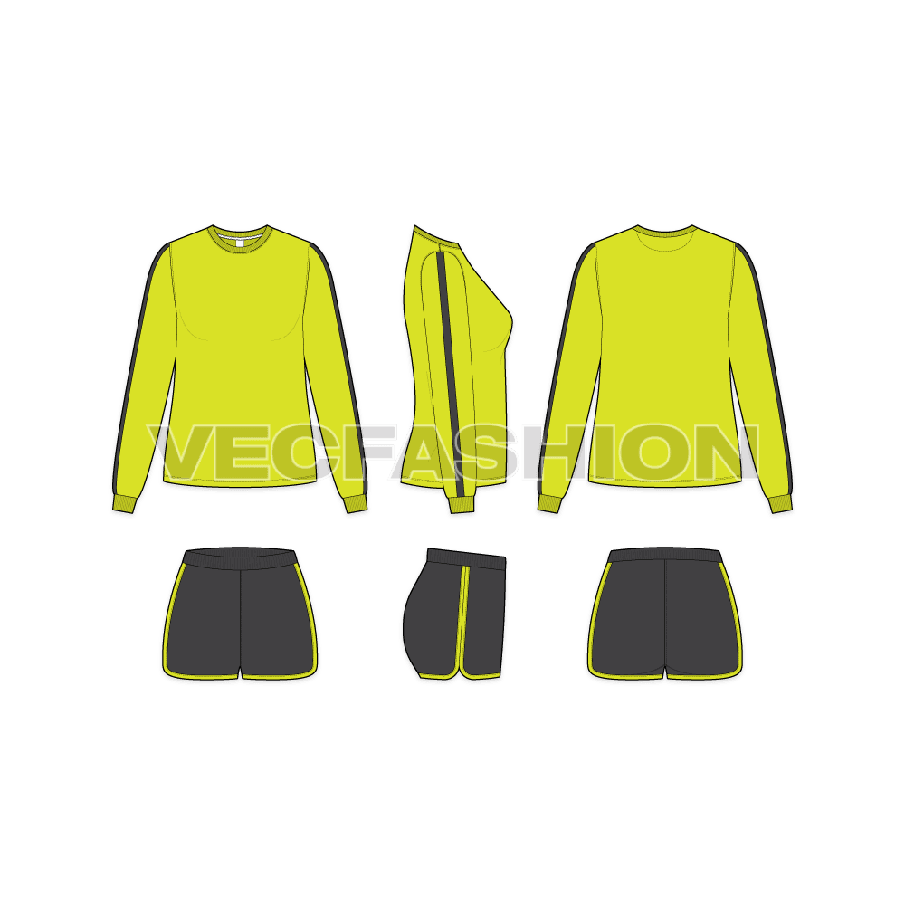 Womens dri fit fitness set flat sketch, showing all views, front, side and back