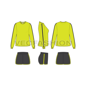 A fully editable vector sketch template of Women's Dri Fit Fitness Set. It has a pullover can be made in light weight dri-fit material for running and jogging purposes with shorts. 