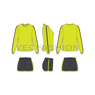 Womens dri fit fitness set flat sketch, showing all views, front, side and back
