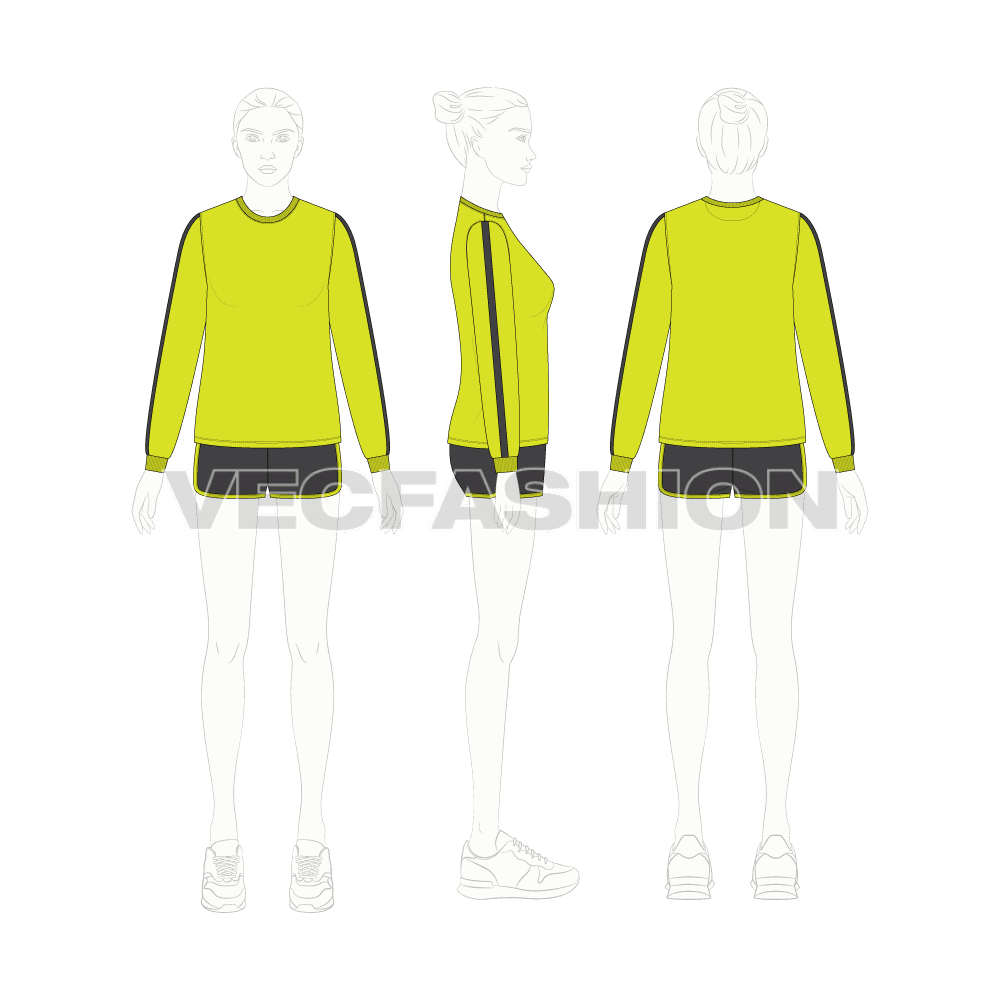 A fully editable vector sketch template of Women's Dri Fit Fitness Set. It has a pullover can be made in light weight dri-fit material for running and jogging purposes with shorts.