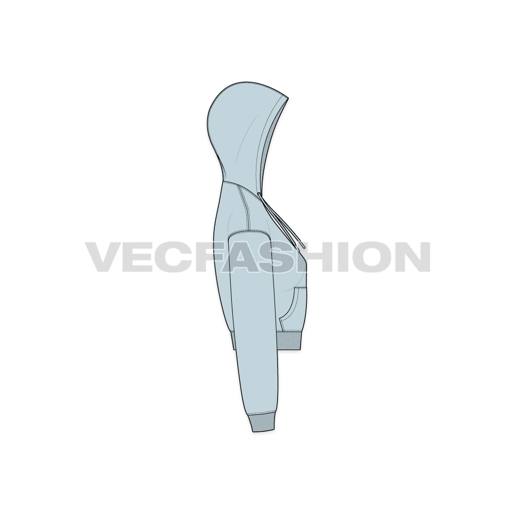 Womens drop shoulder crop hoodie flat sketch, side view