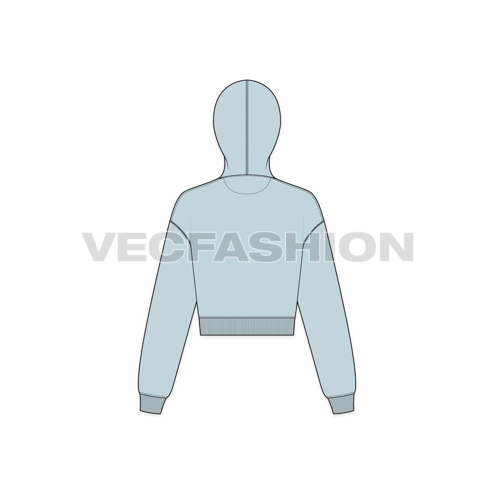 Womens drop shoulder crop hoodie flat sketch, back view