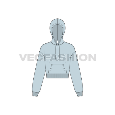 A vector illustrator sketch template of Women's Drop Shoulder Crop Hoodie with Kangaroo Pocket.