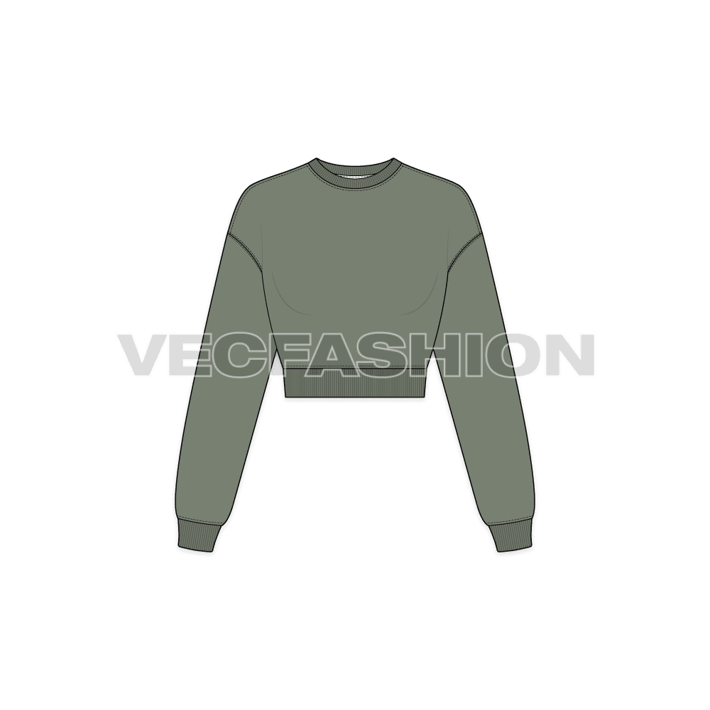 Womens drop shoulder crop sweatshirt flat sketch, front view