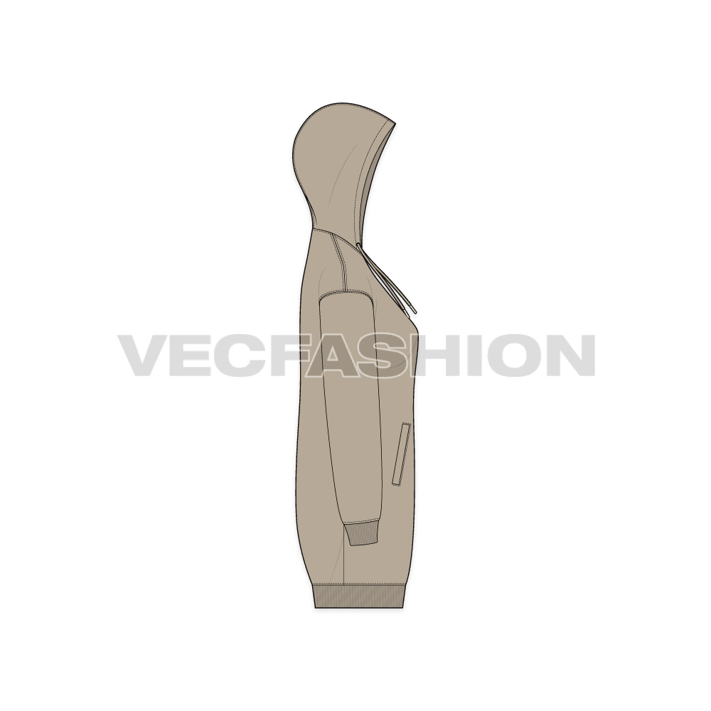 Womens drop shoulder front open hoodie flat sketch, side view