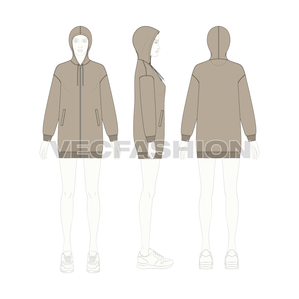Womens drop shoulder front open hoodie flat sketch, croqui sketch