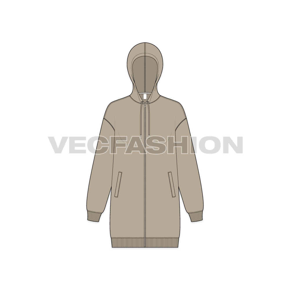 Womens drop shoulder front open hoodie flat sketch, front view