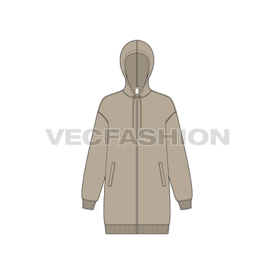 A vector illustrator sketch template of Women's Drop Shoulder Front Open Hoodie. It is illustrated with Front, Side and Back view. 