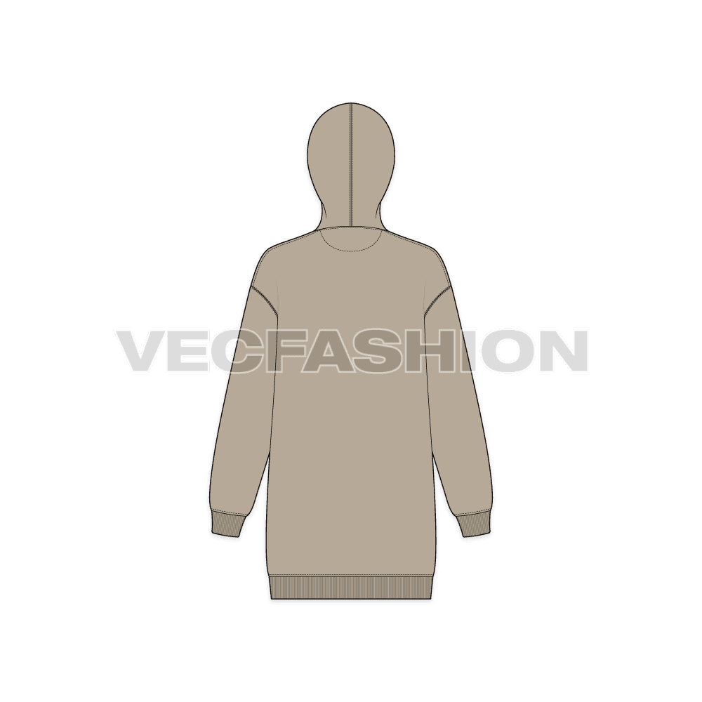 Womens drop shoulder front open hoodie flat sketch, back view