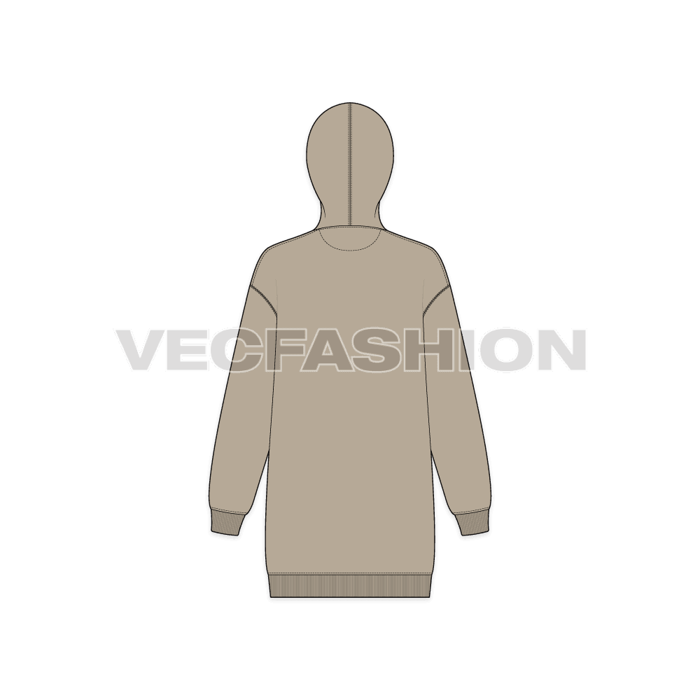 A vector illustrator sketch template of Women's Drop Shoulder Front Open Hoodie. It is illustrated with Front, Side and Back view. 