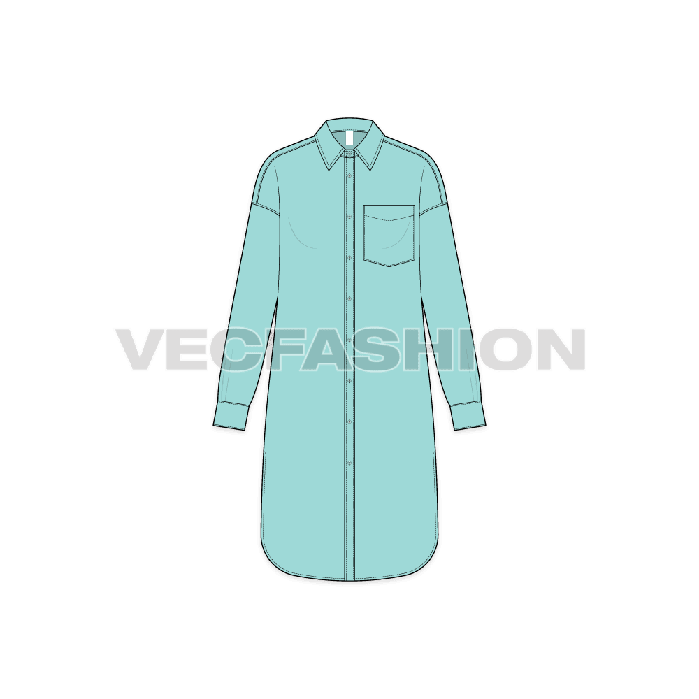 Womens drop shoulder long shirt flat sketch, front view