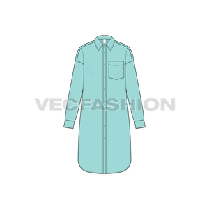 A vector illustrator template for Women's Drop Shoulder Long Shirt. It has a long button placket on front, a big pocket on left chest and dropped shoulder sleeves.