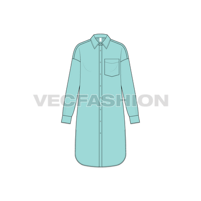 A vector illustrator template for Women's Drop Shoulder Long Shirt. It has a long button placket on front, a big pocket on left chest and dropped shoulder sleeves.