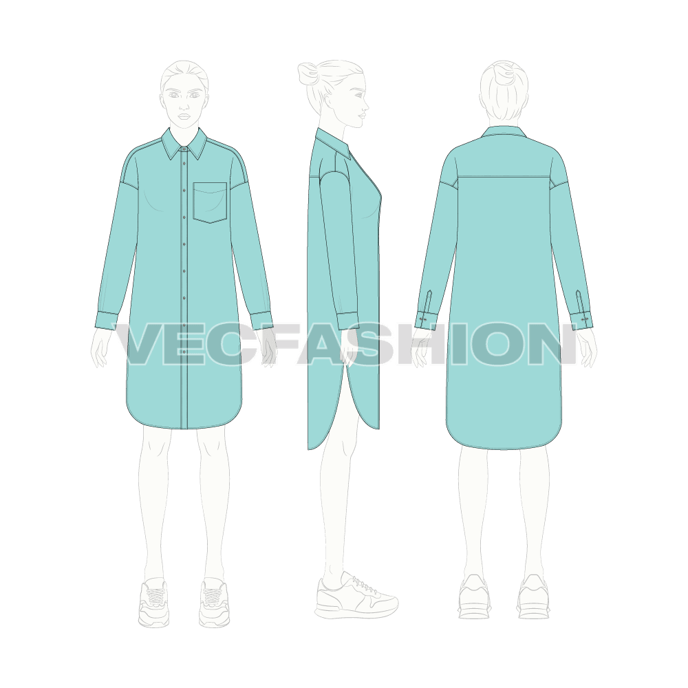 Womens drop shoulder long shirt flat sketch, croqui sketch