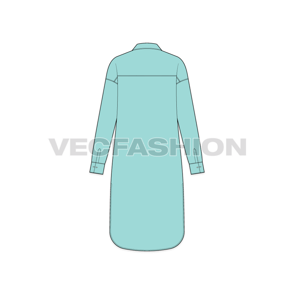 Womens drop shoulder long shirt flat sketch, back view