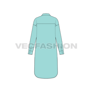 A vector illustrator template for Women's Drop Shoulder Long Shirt. It has a long button placket on front, a big pocket on left chest and dropped shoulder sleeves.