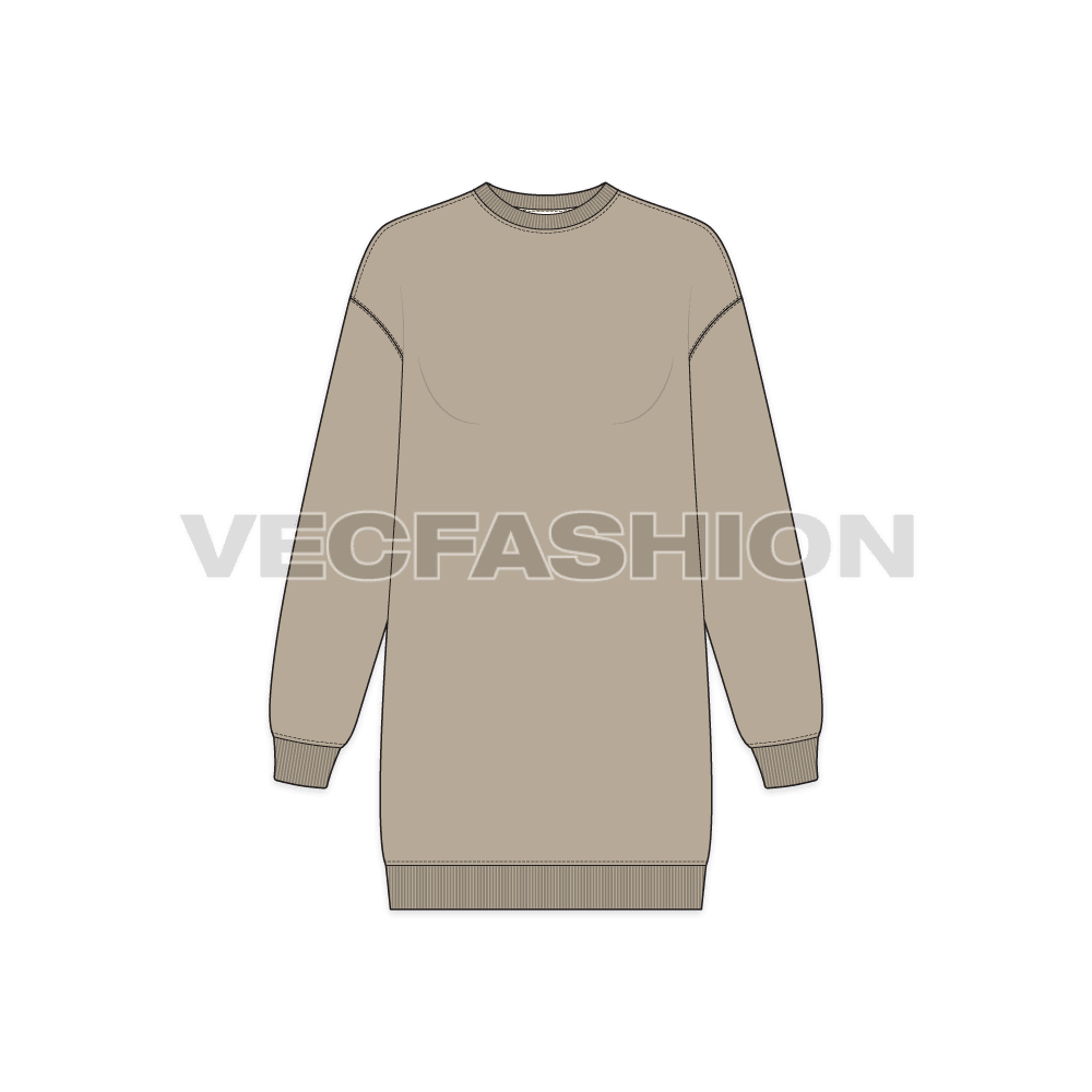 A vector illustrator sketch template of Women's Drop Shoulder Long Sweatshirt. It is illustrated with Front, Side and Back view. It is a crew neck sweatshirt with rib on neck, sleeve cuffs and bottom hem.