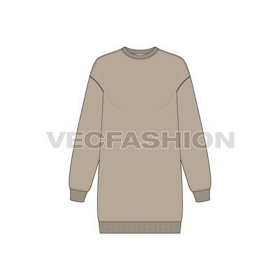 A vector illustrator sketch template of Women's Drop Shoulder Long Sweatshirt. It is illustrated with Front, Side and Back view. It is a crew neck sweatshirt with rib on neck, sleeve cuffs and bottom hem.