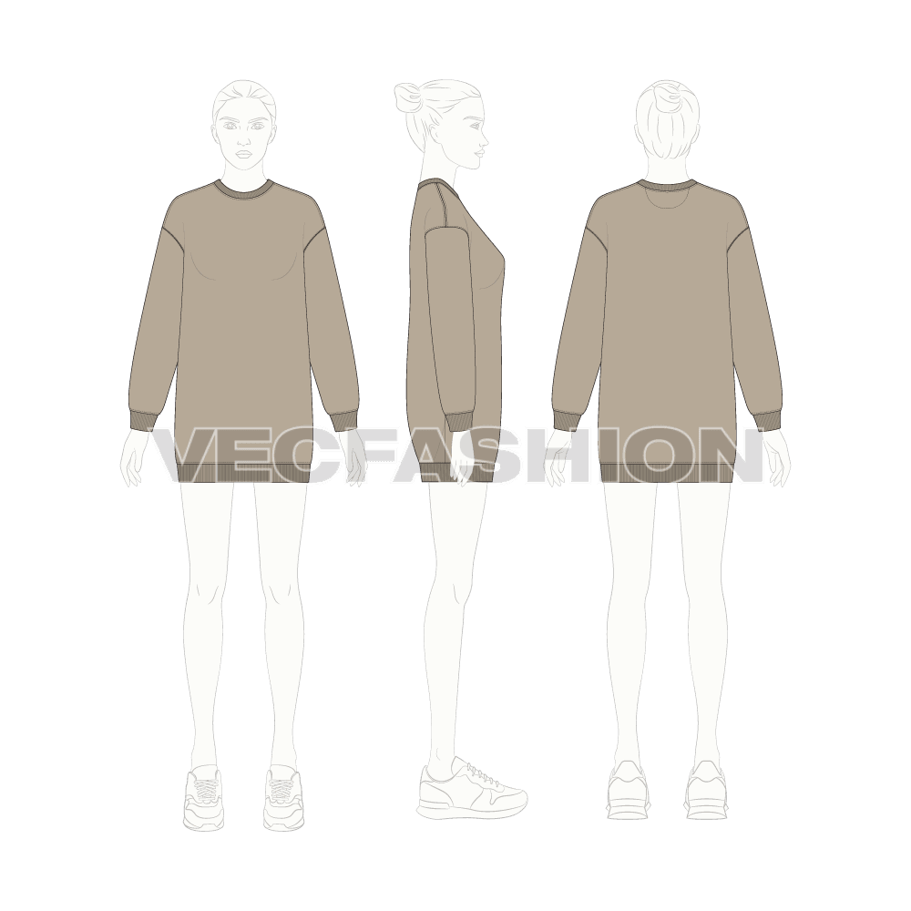 Womens drop shoulder long sweatshirt flat sketch, croqui sketch