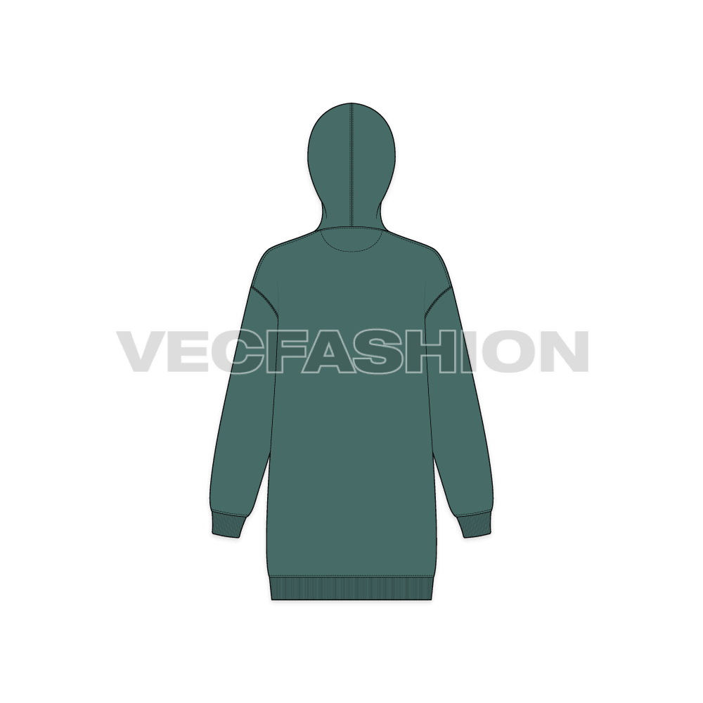Womens drop shoulder pullover hoodie flat sketch, back view