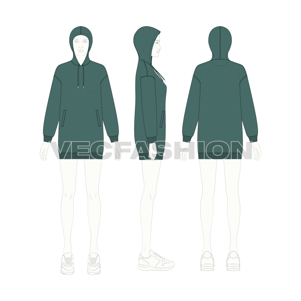 Womens drop shoulder pullover hoodie flat sketch, croqui sketch