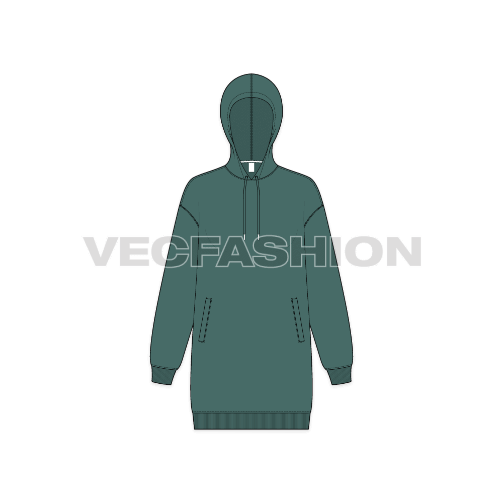 Womens drop shoulder pullover hoodie flat sketch, front view
