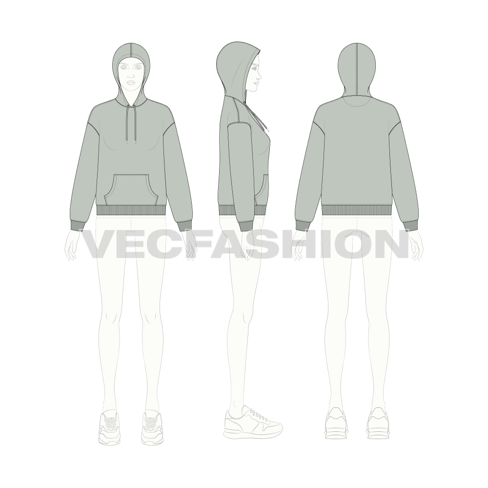 Womens drop shoulder pullover hoodie flat sketch, croqui sketch