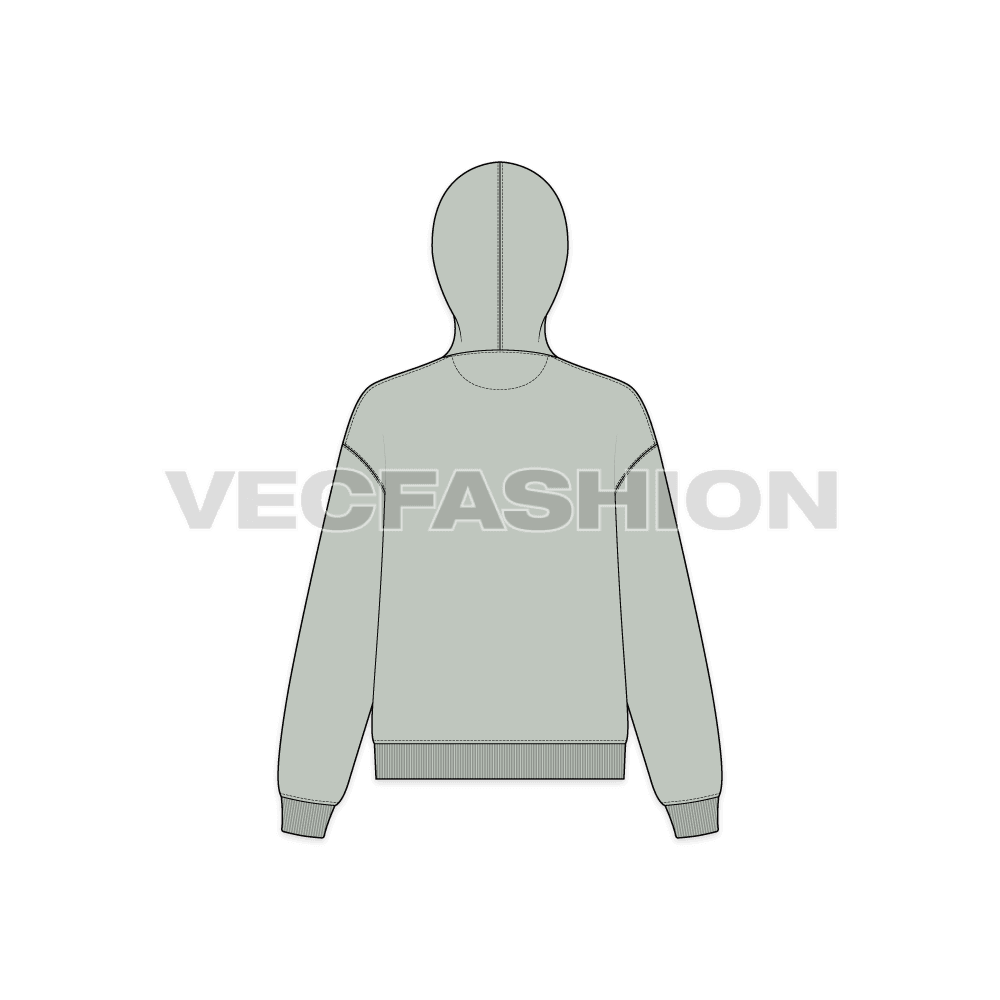 Womens drop shoulder pullover hoodie flat sketch, back view