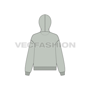 A vector illustrator sketch template of Women's Drop Shoulder Pullover Hoodie. It is illustrated with Front, Side and Back view. It is a front open hoodie and have ribbed cuffs on sleeves and bottom hem.