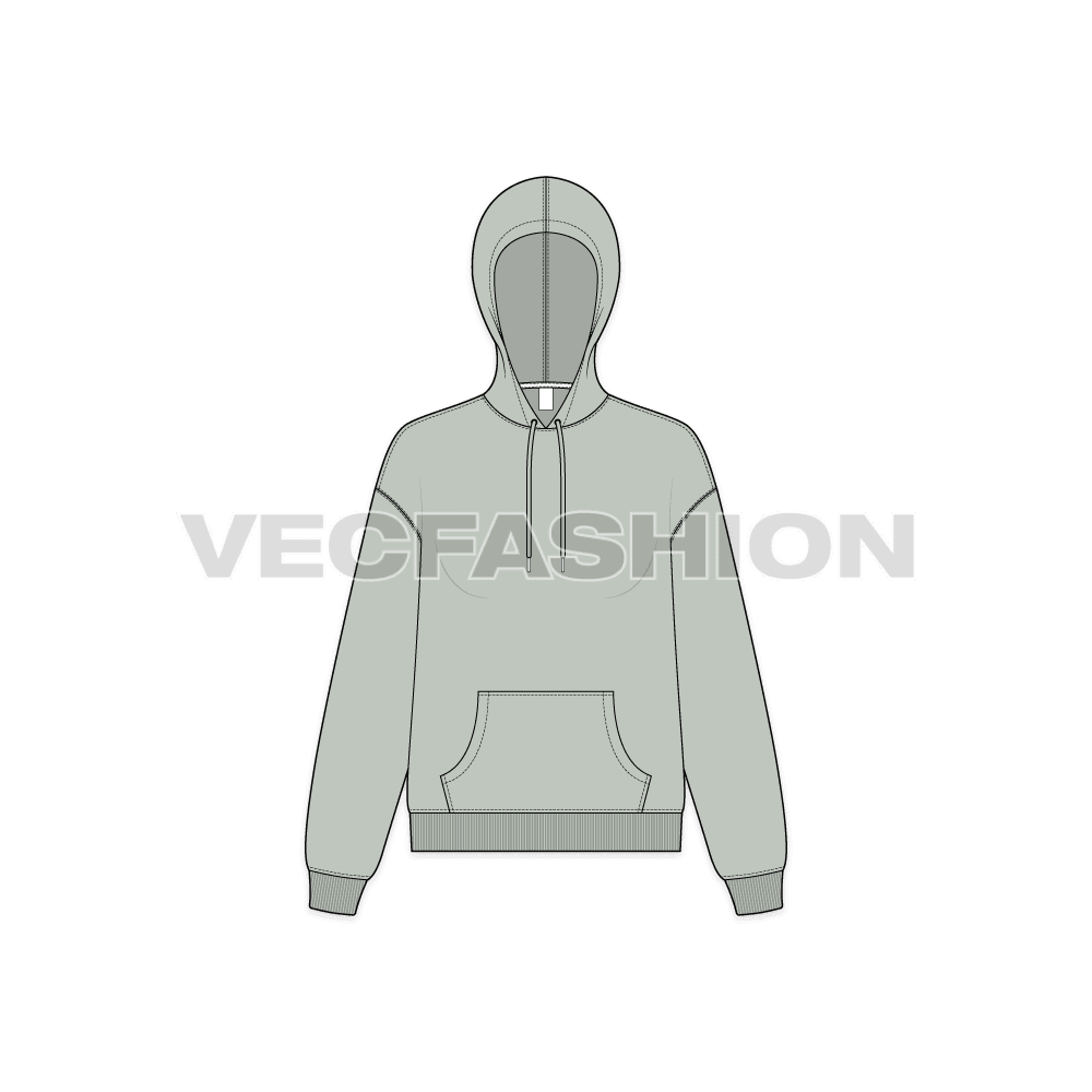 Womens drop shoulder pullover hoodie flat sketch, front view