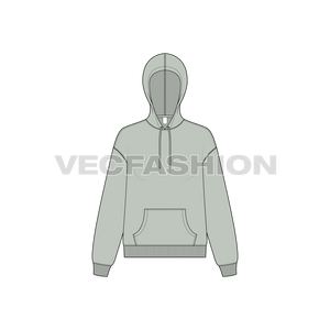 A vector illustrator sketch template of Women's Drop Shoulder Pullover Hoodie. It is illustrated with Front, Side and Back view. It is a front open hoodie and have ribbed cuffs on sleeves and bottom hem.