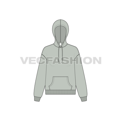 A vector illustrator sketch template of Women's Drop Shoulder Pullover Hoodie. It is illustrated with Front, Side and Back view. It is a front open hoodie and have ribbed cuffs on sleeves and bottom hem.