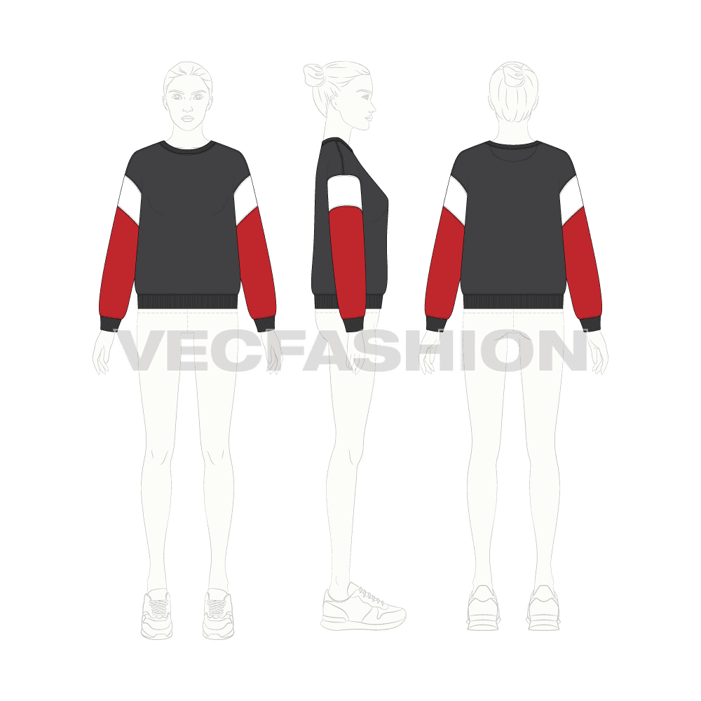 Womens drop shoulder sport sweatshirt flat sketch, croqui sketch