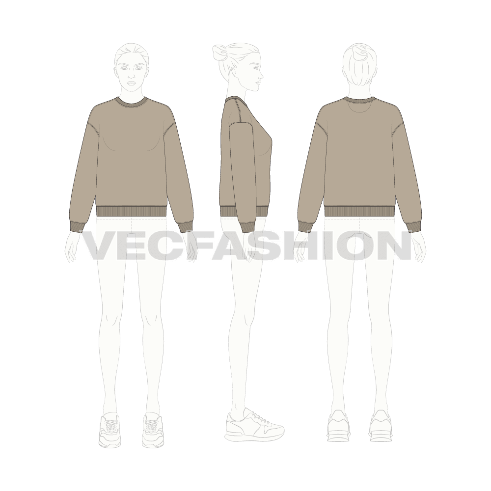 Womens drop shoulder sweatshirt flat sketch, croqui sketch