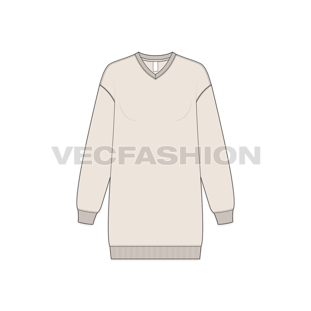Womens drop shoulder v-neck sweatshirt flat sketch, front view