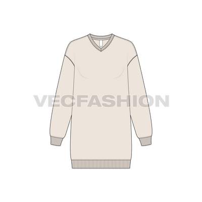 A vector illustrator sketch template of Women's Drop Shoulder V-neck Sweatshirt. It is illustrated with Front, Side and Back view. It is a V-neck sweatshirt in long length with rib on neck, sleeve cuffs and bottom hem. 