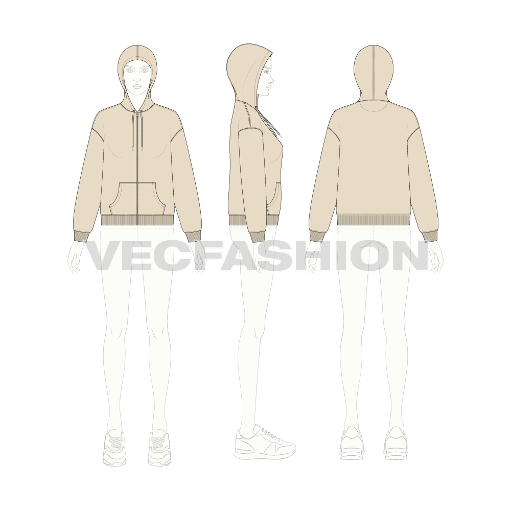 Womens drop shoulder zipper hoodie flat sketch, croqui sketch