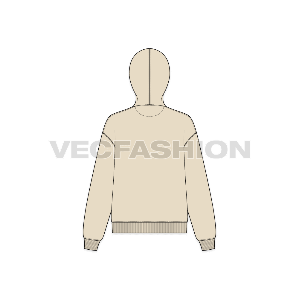 Womens drop shoulder zipper hoodie flat sketch, back view