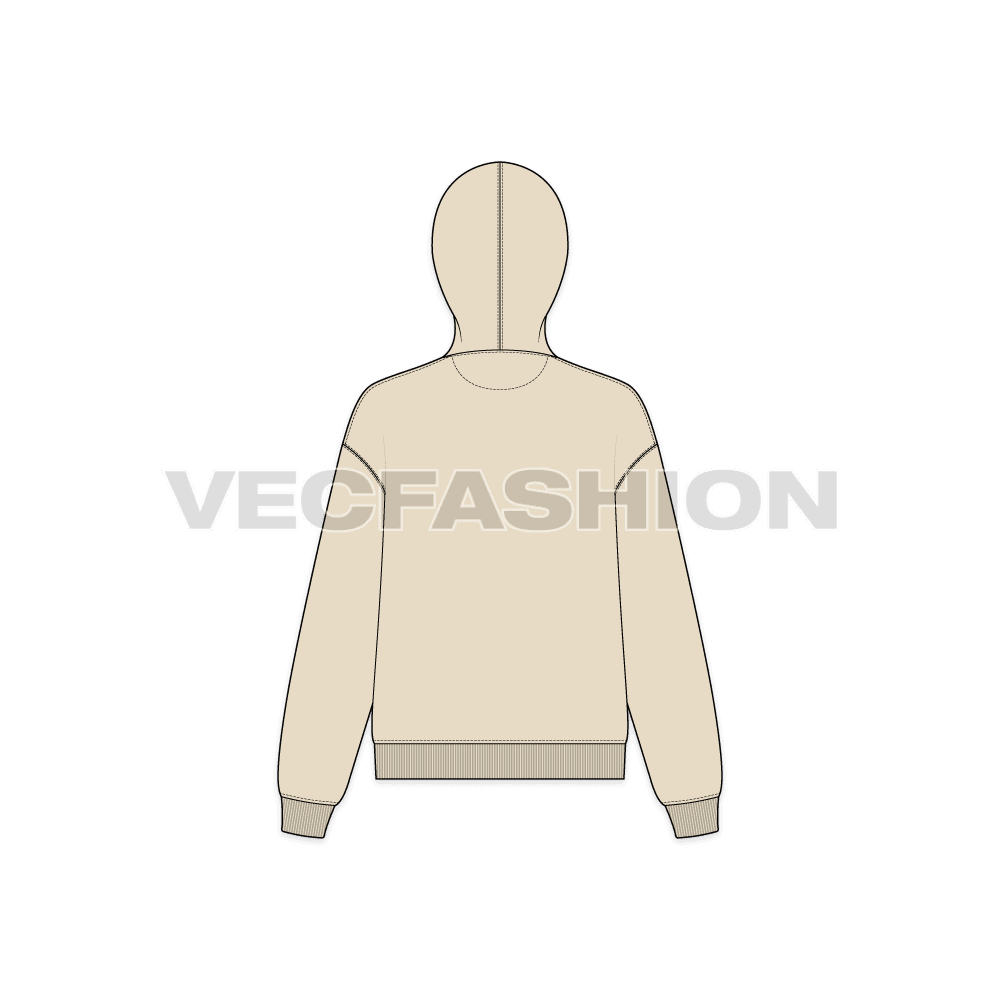 A vector illustrator sketch template of Women's Drop Shoulder Zipper Hoodie. It is illustrated with Front, Side and Back view. It is a front open hoodie and have ribbed cuffs on sleeves and bottom hem.